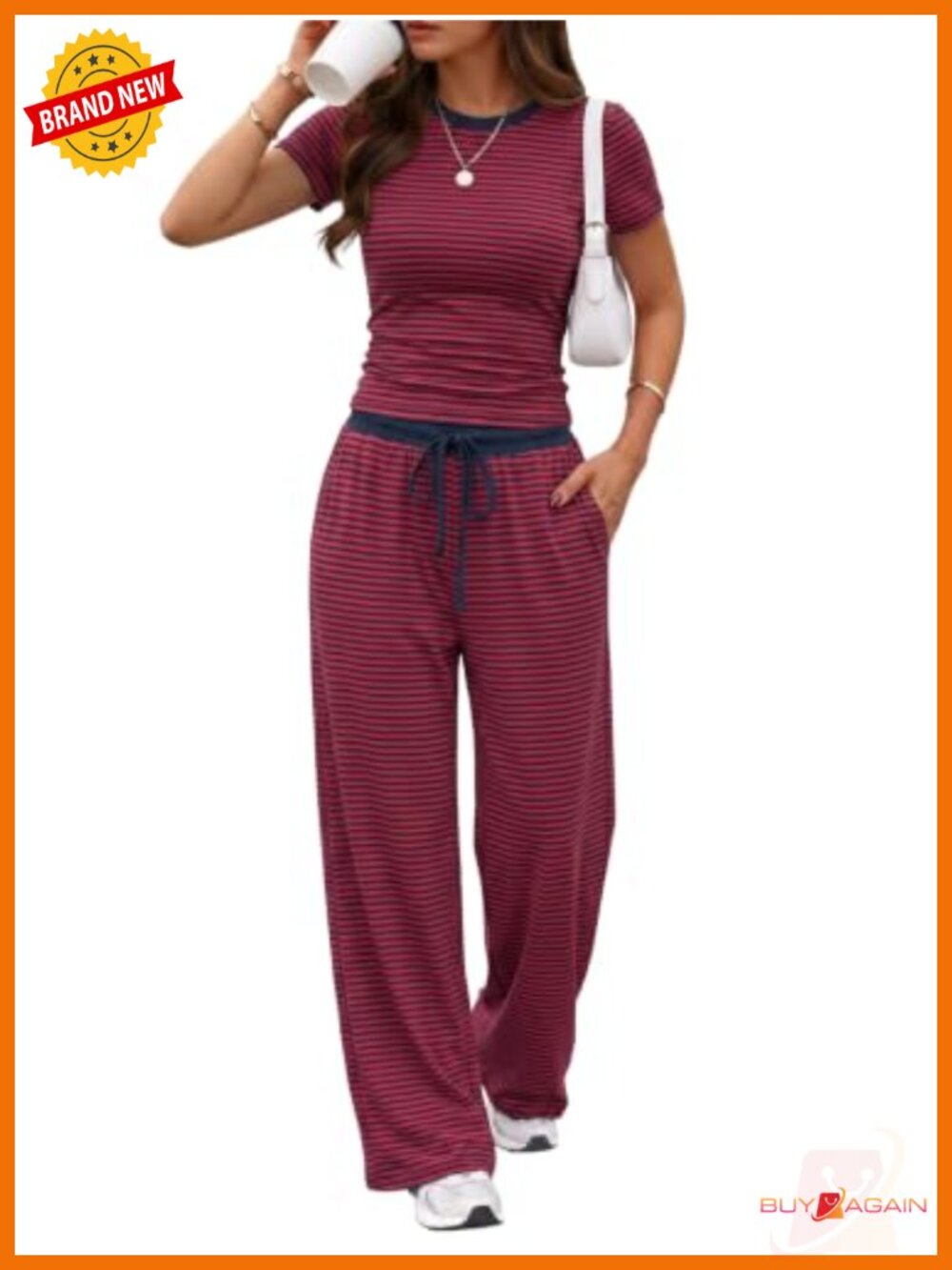 Women 95% Cotton 2 Piece Lounge Set Wide Leg Pants Short Sleeve Travel Outfit